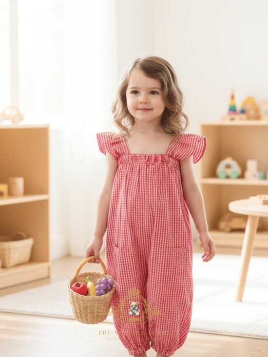 The Vintage Teddy Other - NWT Adorable Girls One-Piece Jumpsuit Kids Ruffles Bohemian Gingham Red White 5T